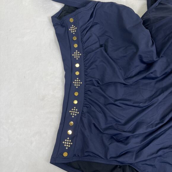 NWT Michael Kors U-Neck Gold Studded Sides Maillot 1-PC Swimsuit Navy Blue 22W - Picture 6 of 15